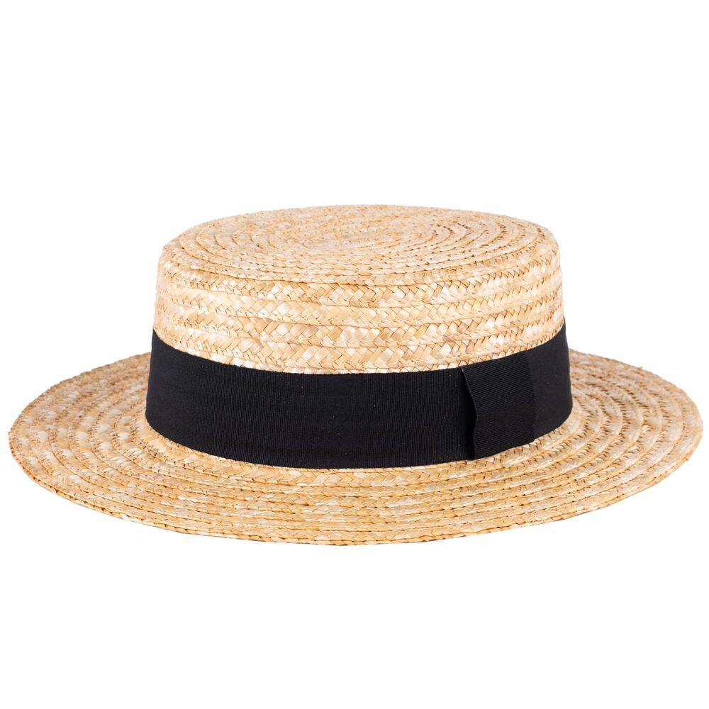 8935 Classic Straw Boater Hat Handmade from Natural Straw Black Band, XL